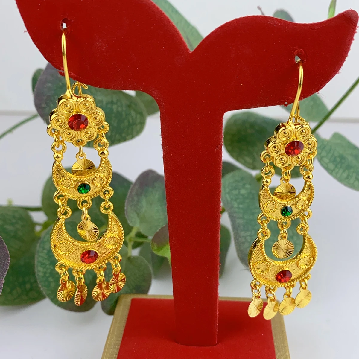 Ethnic Fashion India - อินเดีย Drop Dangle ต่างหูเครื่องประดับสําหรับสาว 24K Gold